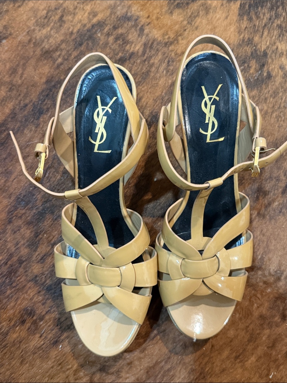 Yves Saint Laurent Tan Patent Leather Woven Sandals - Picture 6 of 6